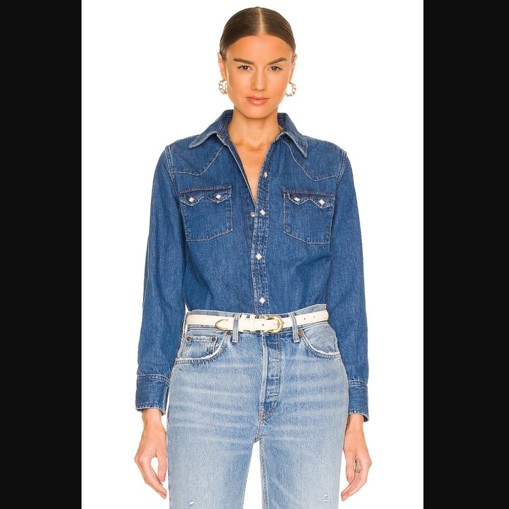 RE/DONE 50'S Sawtooth Western Blue Chambray Shirt W/ Pearl Snaps